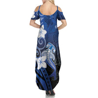 Polynesia Hammerhead Shark Summer Maxi Dress Blue Tribal Pattern With Plumeria - Polynesian Pride