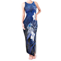 Polynesia Hammerhead Shark Tank Maxi Dress Blue Tribal Pattern With Plumeria - Polynesian Pride