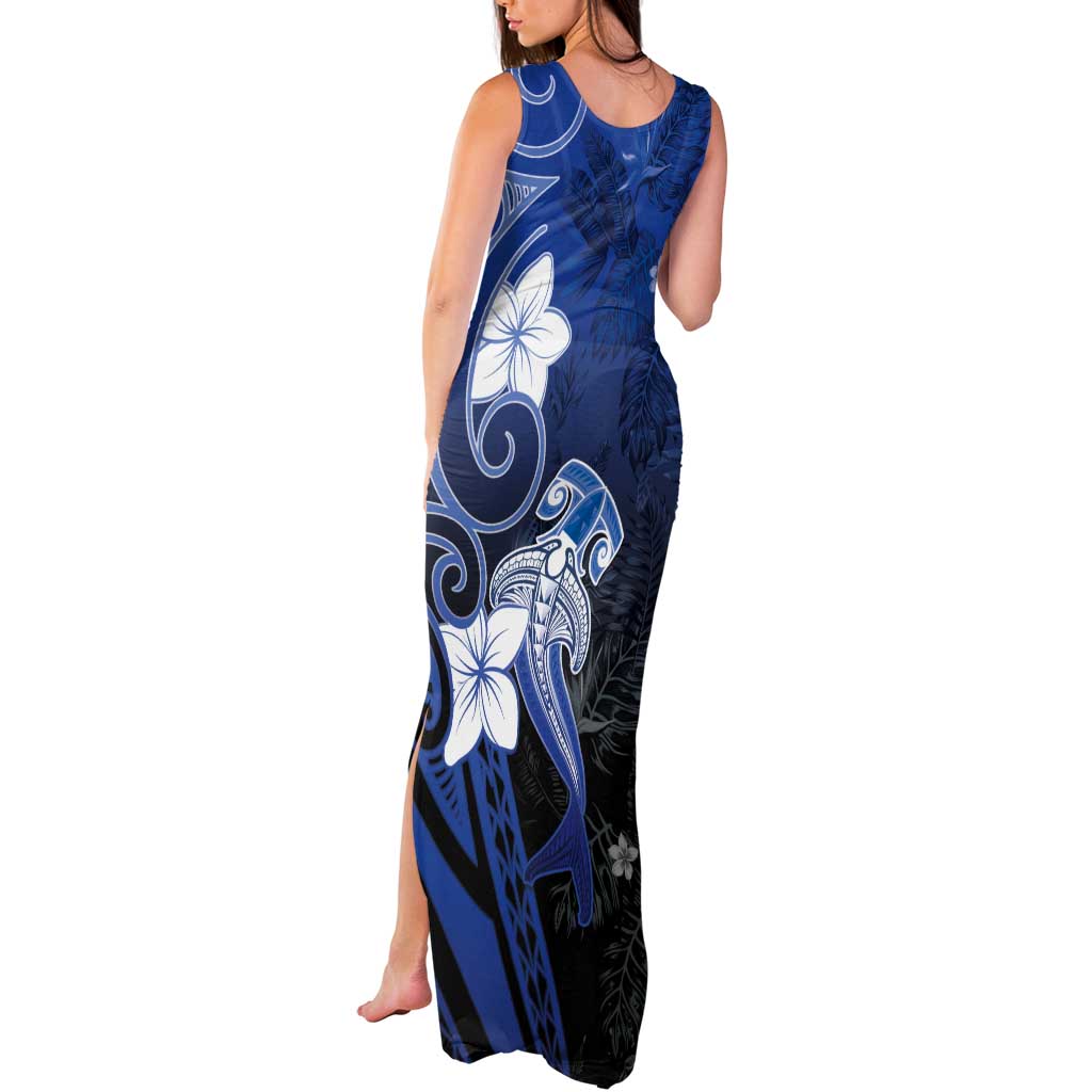 Polynesia Hammerhead Shark Tank Maxi Dress Blue Tribal Pattern With Plumeria - Polynesian Pride