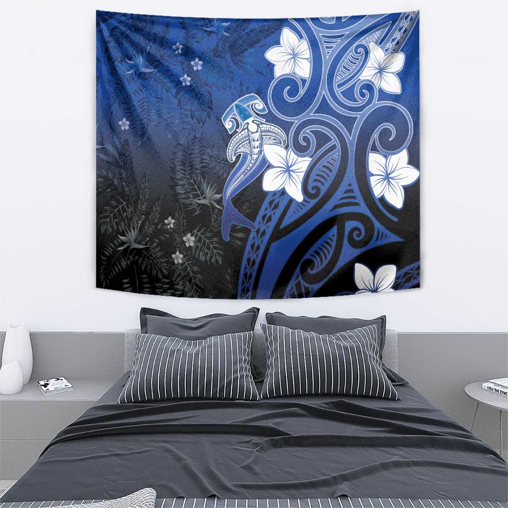 Polynesia Hammerhead Shark Tapestry Blue Tribal Pattern With Plumeria - Polynesian Pride