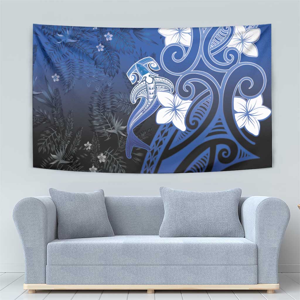 Polynesia Hammerhead Shark Tapestry Blue Tribal Pattern With Plumeria - Polynesian Pride
