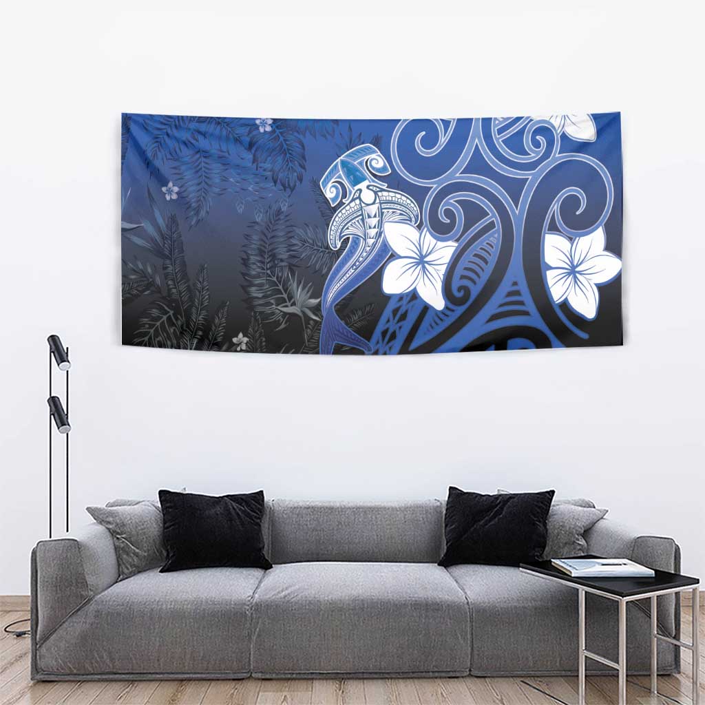 Polynesia Hammerhead Shark Tapestry Blue Tribal Pattern With Plumeria - Polynesian Pride