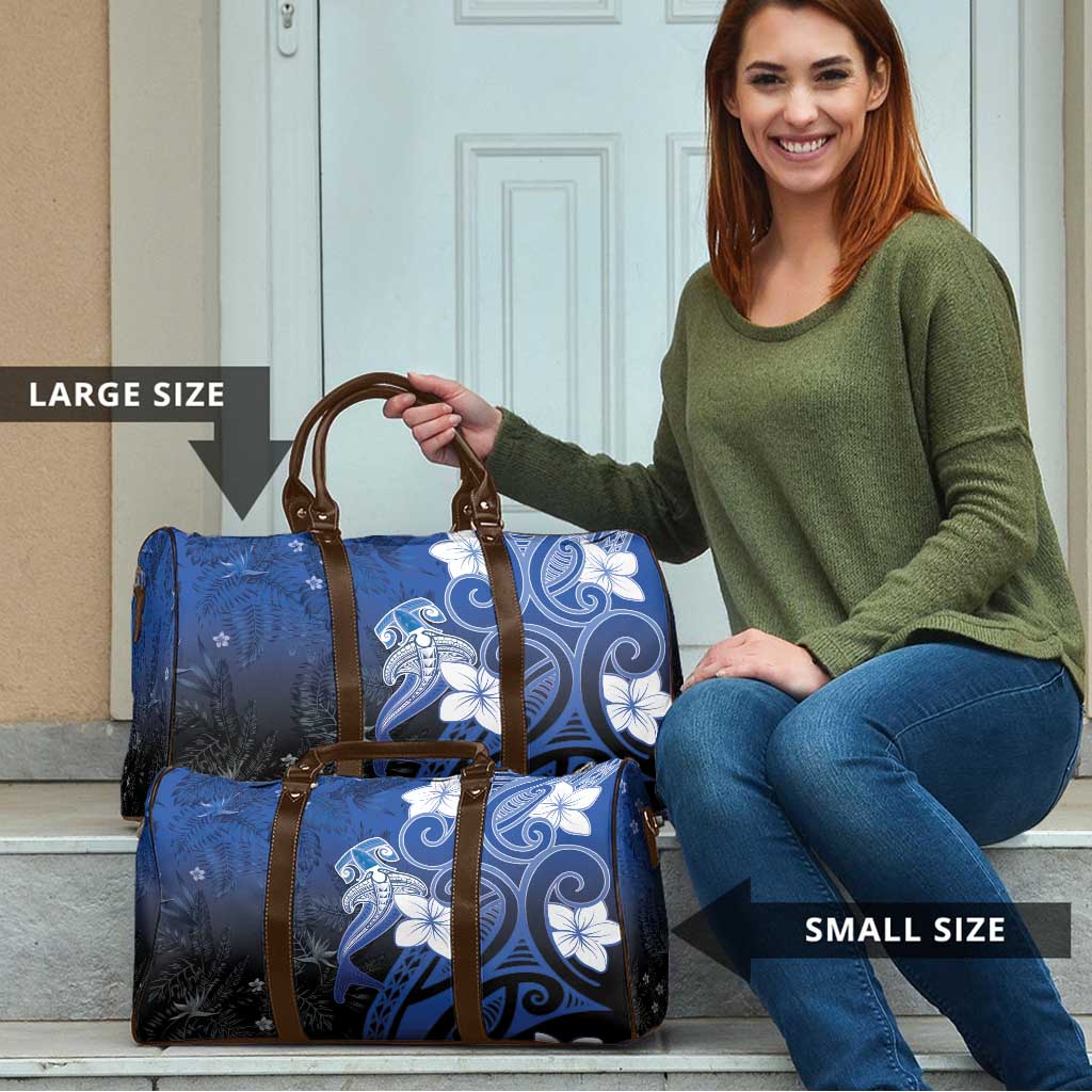 Polynesia Hammerhead Shark Travel Bag Blue Tribal Pattern With Plumeria - Polynesian Pride