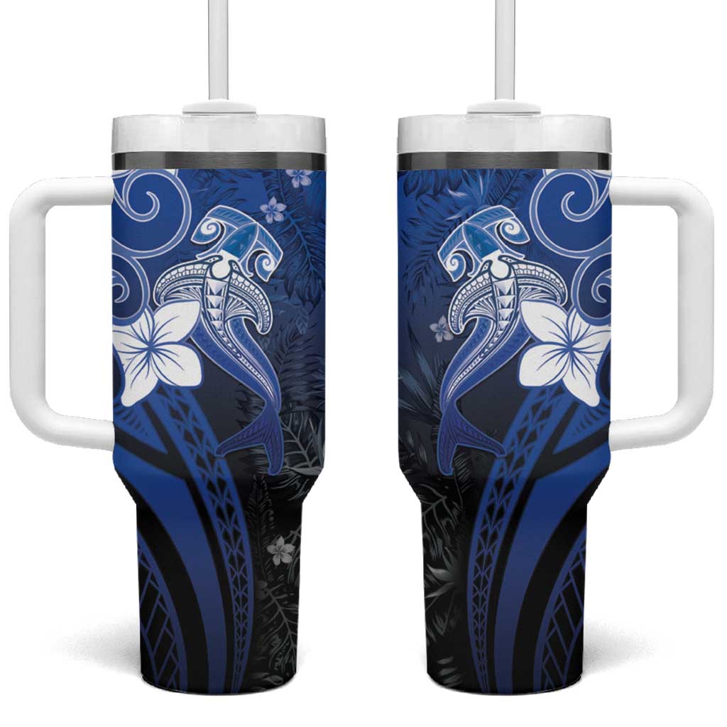Polynesia Hammerhead Shark Tumbler With Handle Blue Tribal Pattern With Plumeria - Polynesian Pride