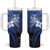 Polynesia Hammerhead Shark Tumbler With Handle Blue Tribal Pattern With Plumeria - Polynesian Pride