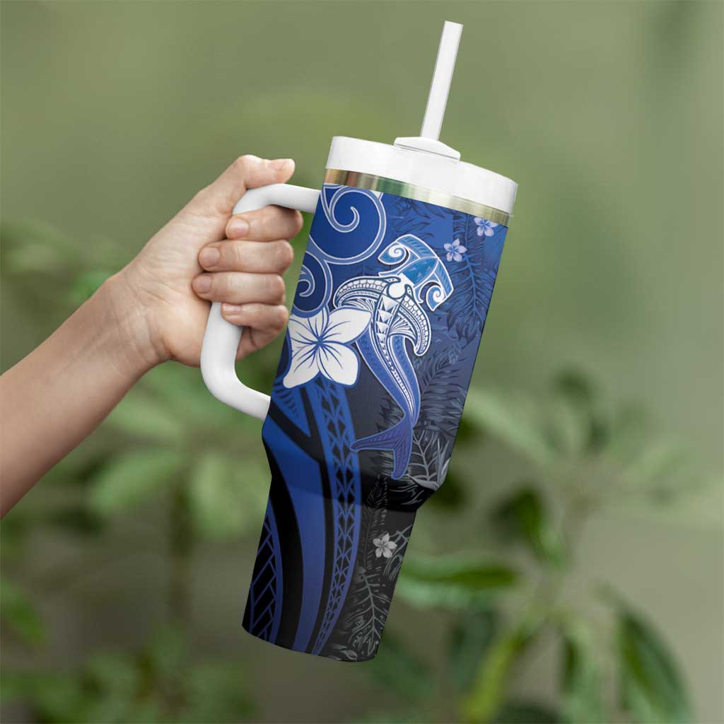 Polynesia Hammerhead Shark Tumbler With Handle Blue Tribal Pattern With Plumeria - Polynesian Pride