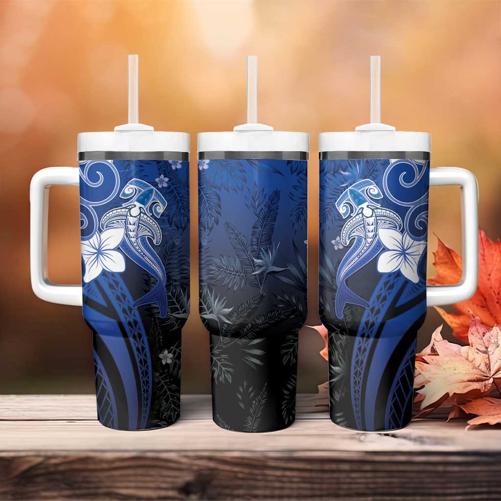 Polynesia Hammerhead Shark Tumbler With Handle Blue Tribal Pattern With Plumeria - Polynesian Pride