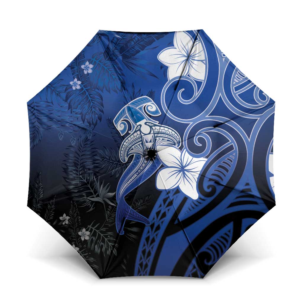 Polynesia Hammerhead Shark Umbrella Blue Tribal Pattern With Plumeria - Polynesian Pride
