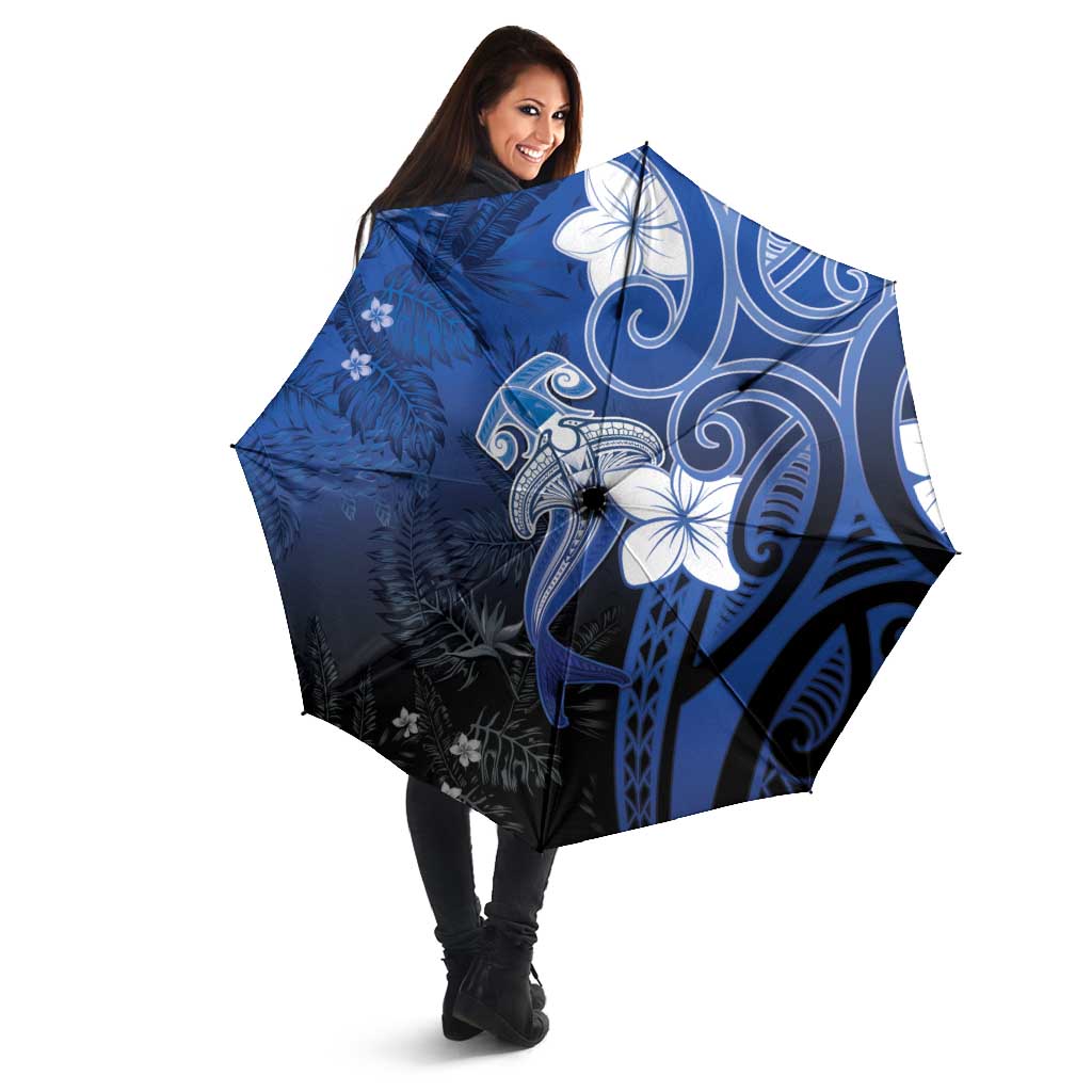 Polynesia Hammerhead Shark Umbrella Blue Tribal Pattern With Plumeria - Polynesian Pride