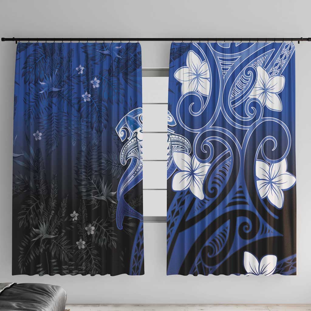 Polynesia Hammerhead Shark Window Curtain Blue Tribal Pattern With Plumeria - Polynesian Pride