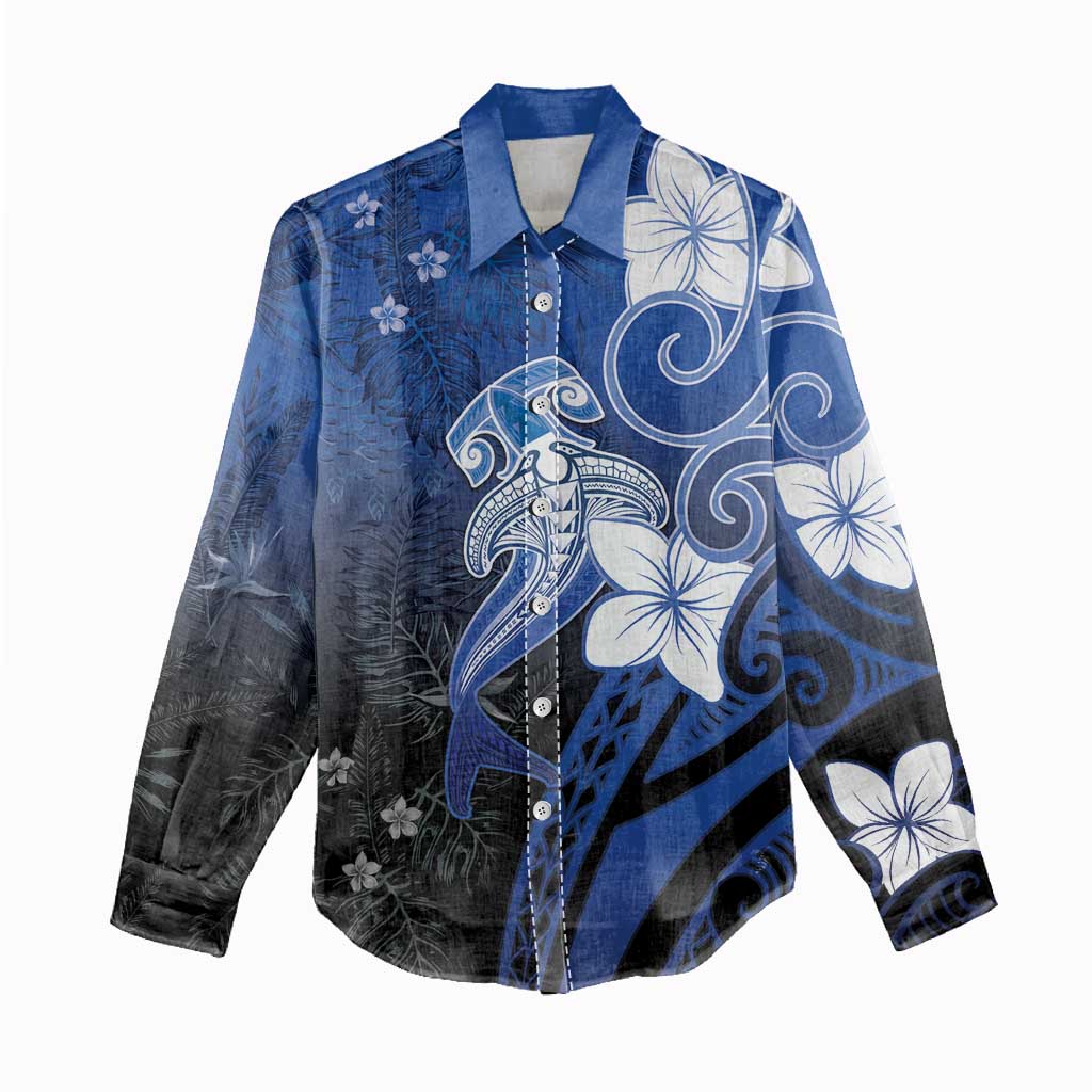 Polynesia Hammerhead Shark Women Casual Shirt Blue Tribal Pattern With Plumeria - Polynesian Pride