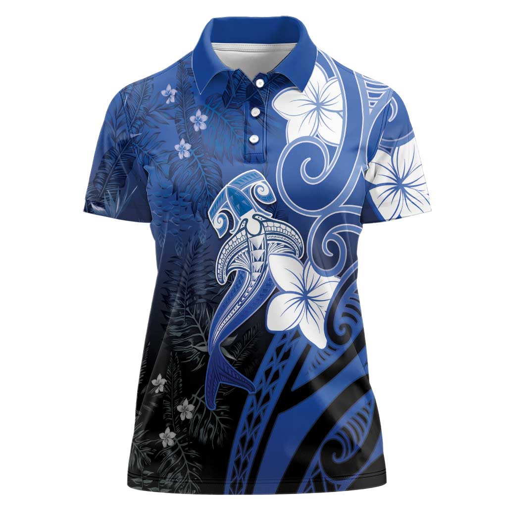 Polynesia Hammerhead Shark Women Polo Shirt Blue Tribal Pattern With Plumeria LT05 Female Blue - Polynesian Pride