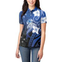 Polynesia Hammerhead Shark Women Polo Shirt Blue Tribal Pattern With Plumeria LT05 - Polynesian Pride