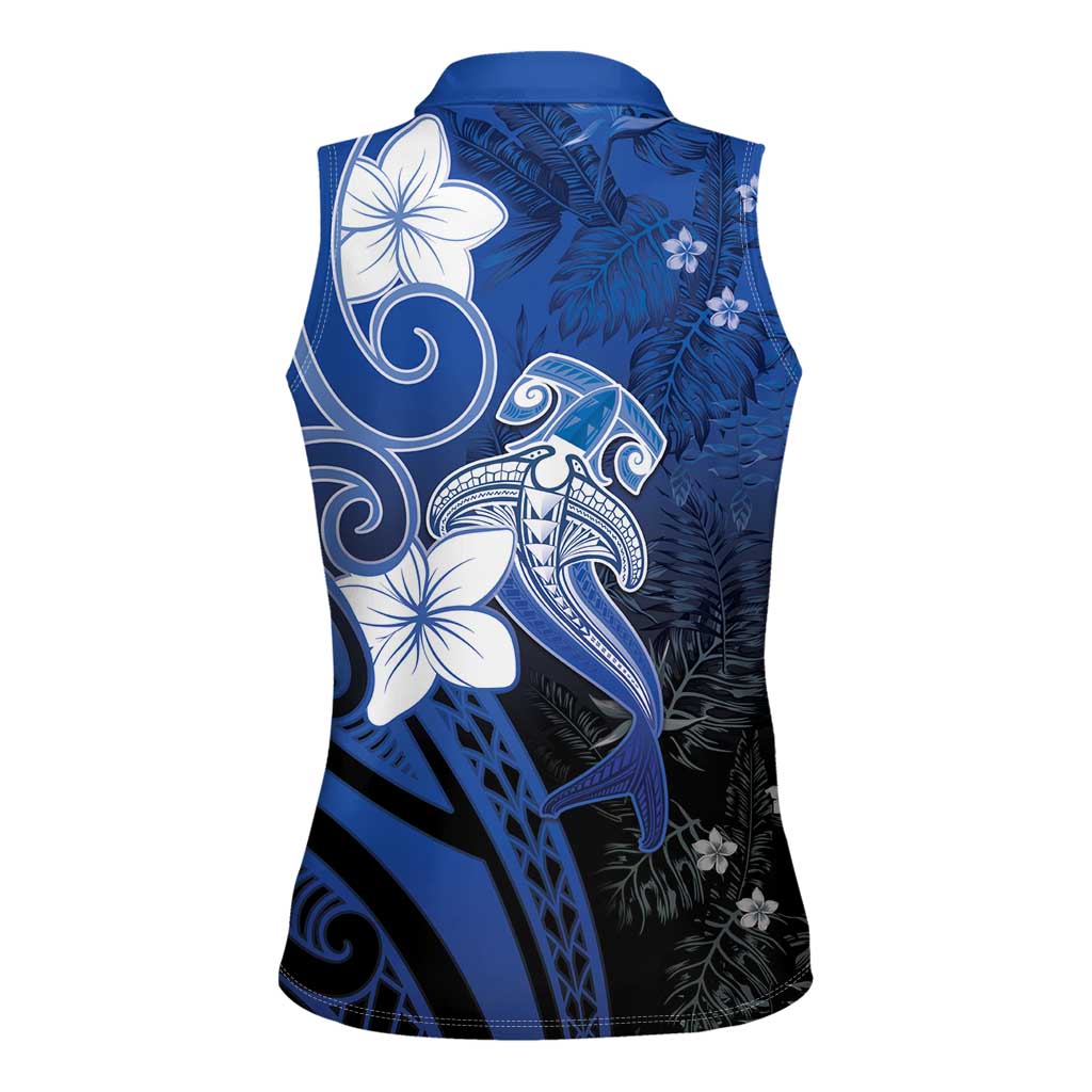 Polynesia Hammerhead Shark Women Sleeveless Polo Shirt Blue Tribal Pattern With Plumeria LT05 - Polynesian Pride