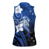 Polynesia Hammerhead Shark Women Sleeveless Polo Shirt Blue Tribal Pattern With Plumeria LT05 - Polynesian Pride