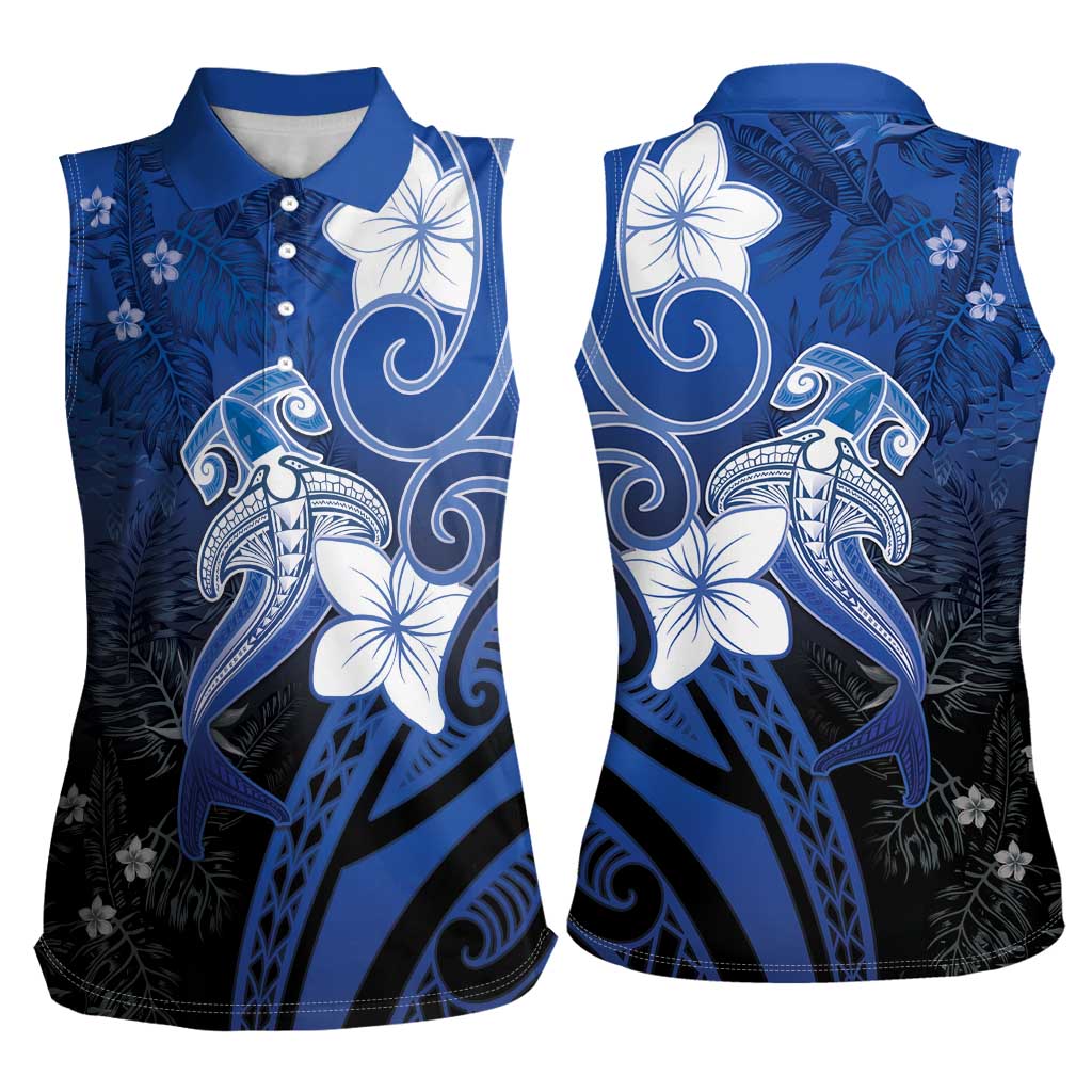 Polynesia Hammerhead Shark Women Sleeveless Polo Shirt Blue Tribal Pattern With Plumeria LT05 - Polynesian Pride
