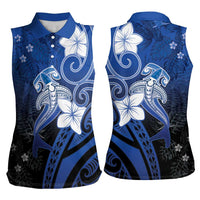Polynesia Hammerhead Shark Women Sleeveless Polo Shirt Blue Tribal Pattern With Plumeria LT05 - Polynesian Pride