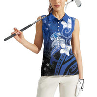 Polynesia Hammerhead Shark Women Sleeveless Polo Shirt Blue Tribal Pattern With Plumeria LT05 - Polynesian Pride