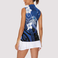 Polynesia Hammerhead Shark Women Sleeveless Polo Shirt Blue Tribal Pattern With Plumeria LT05 - Polynesian Pride