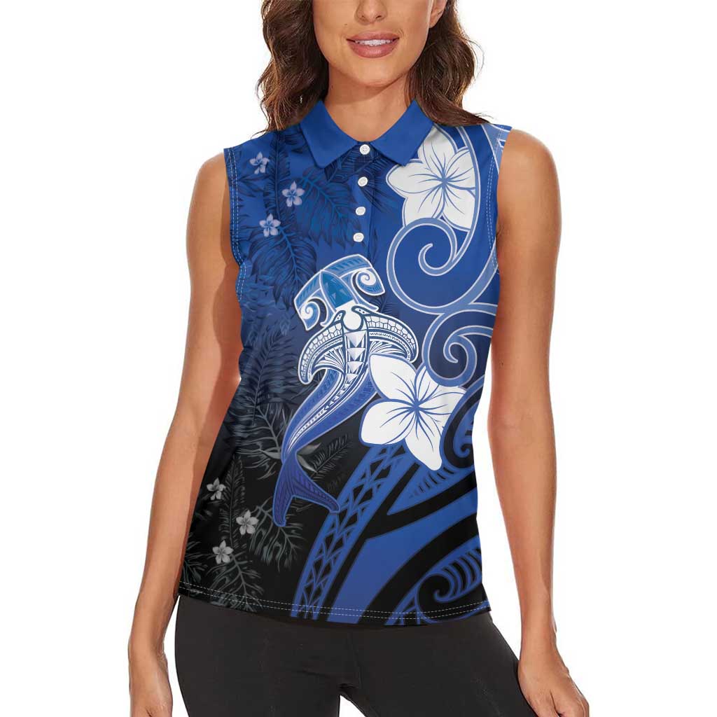 Polynesia Hammerhead Shark Women Sleeveless Polo Shirt Blue Tribal Pattern With Plumeria LT05 - Polynesian Pride