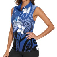 Polynesia Hammerhead Shark Women Sleeveless Polo Shirt Blue Tribal Pattern With Plumeria LT05 - Polynesian Pride