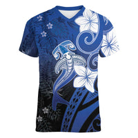 Polynesia Hammerhead Shark Women V-Neck T-Shirt Blue Tribal Pattern With Plumeria LT05 Female Blue - Polynesian Pride