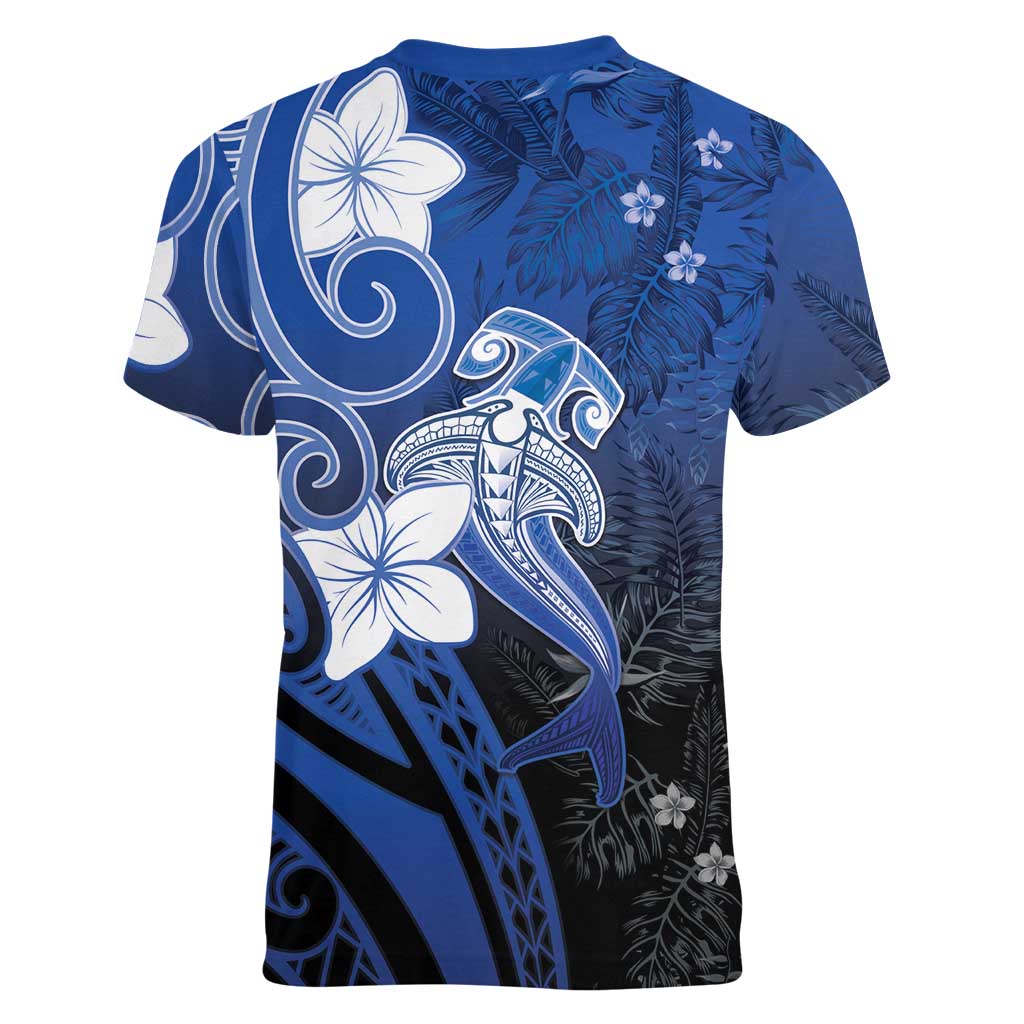 Polynesia Hammerhead Shark Women V-Neck T-Shirt Blue Tribal Pattern With Plumeria LT05 - Polynesian Pride