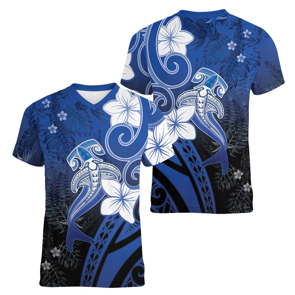 Polynesia Hammerhead Shark Women V-Neck T-Shirt Blue Tribal Pattern With Plumeria LT05 - Polynesian Pride