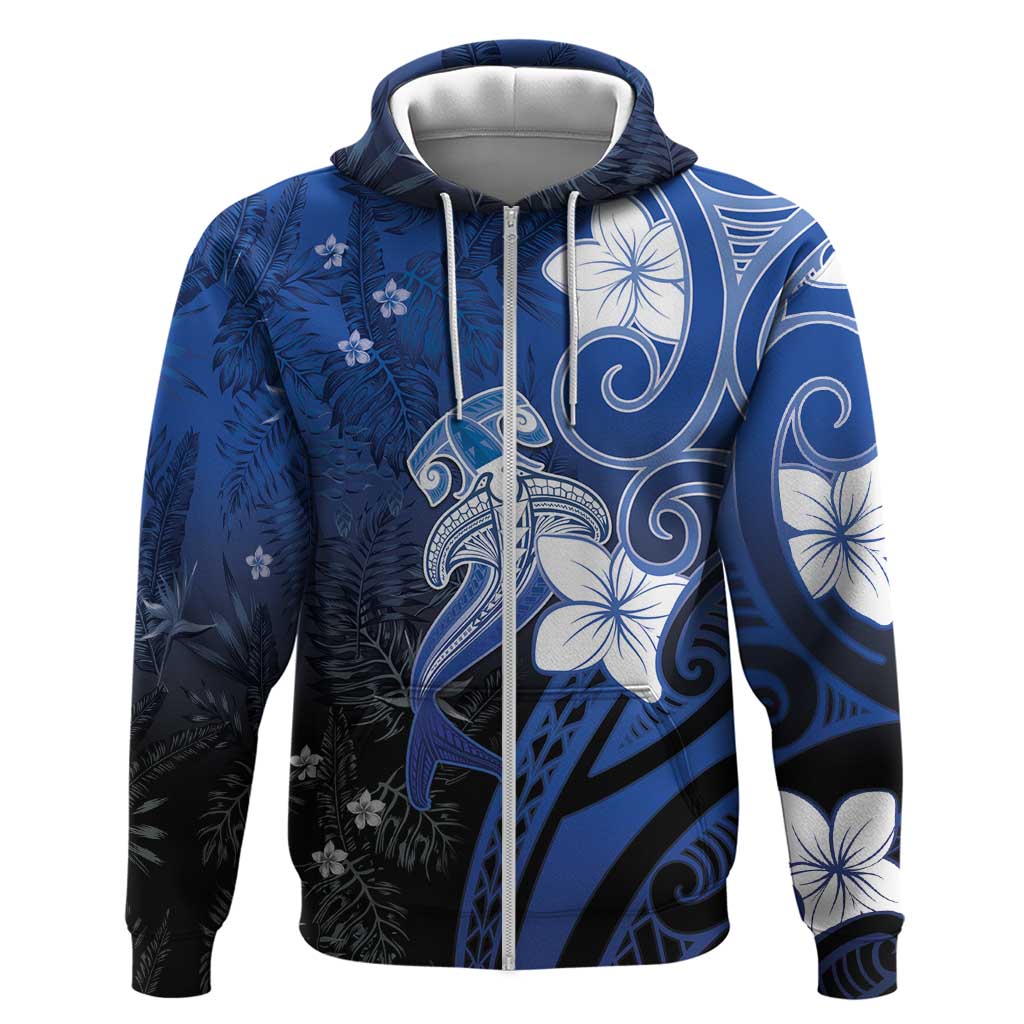 Polynesia Hammerhead Shark Zip Hoodie Blue Tribal Pattern With Plumeria - Polynesian Pride
