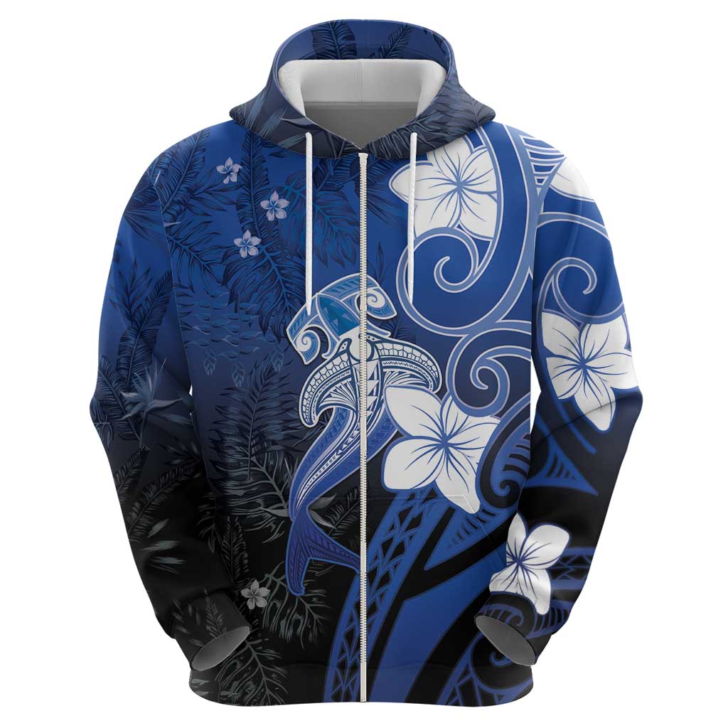 Polynesia Hammerhead Shark Zip Hoodie Blue Tribal Pattern With Plumeria - Polynesian Pride