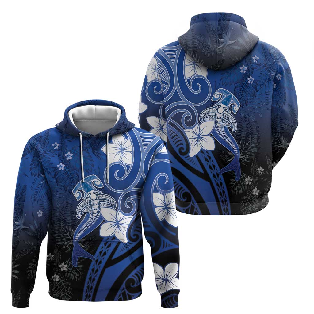 Polynesia Hammerhead Shark Zip Hoodie Blue Tribal Pattern With Plumeria - Polynesian Pride