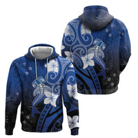 Polynesia Hammerhead Shark Zip Hoodie Blue Tribal Pattern With Plumeria - Polynesian Pride