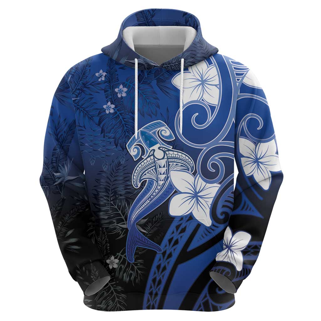Polynesia Hammerhead Shark Zip Hoodie Blue Tribal Pattern With Plumeria - Polynesian Pride