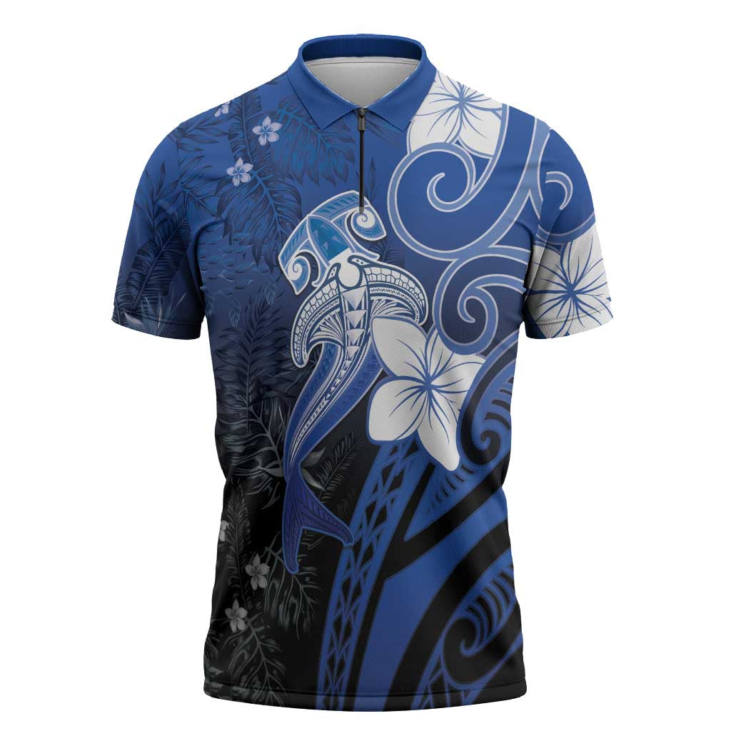 Polynesia Hammerhead Shark Zipper Polo Shirt Blue Tribal Pattern With Plumeria LT05 Blue - Polynesian Pride