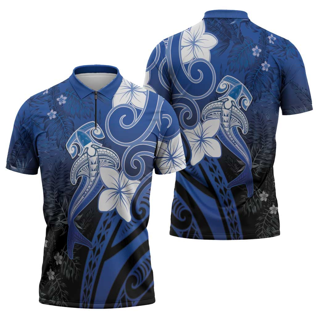 Polynesia Hammerhead Shark Zipper Polo Shirt Blue Tribal Pattern With Plumeria LT05 - Polynesian Pride