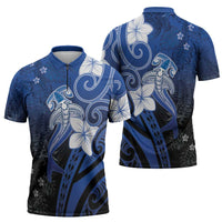 Polynesia Hammerhead Shark Zipper Polo Shirt Blue Tribal Pattern With Plumeria LT05 - Polynesian Pride