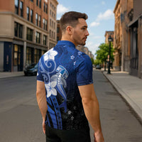 Polynesia Hammerhead Shark Zipper Polo Shirt Blue Tribal Pattern With Plumeria LT05 - Polynesian Pride