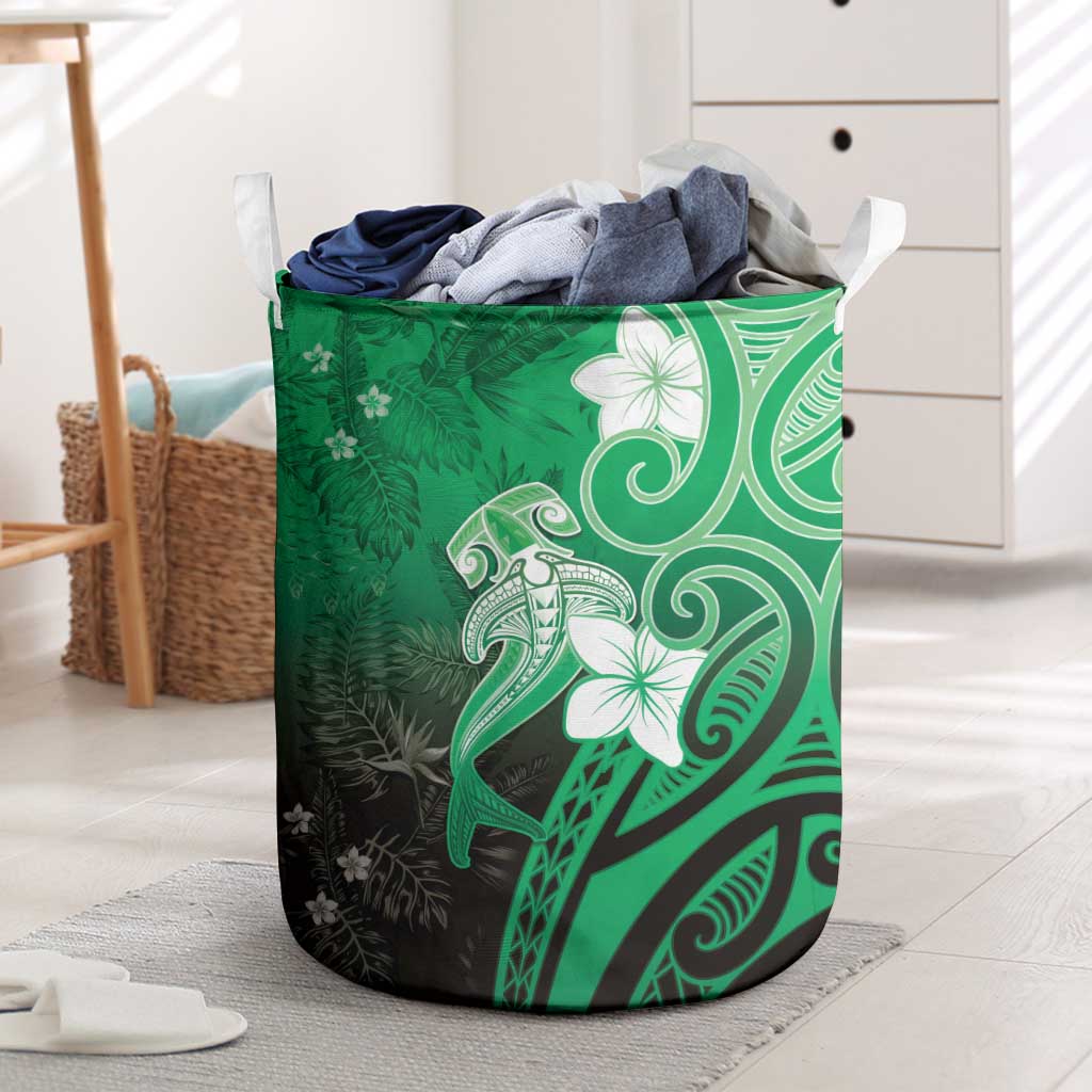 Polynesia Hammerhead Shark Laundry Basket Green Tribal Pattern With Plumeria LT05 Green - Polynesian Pride