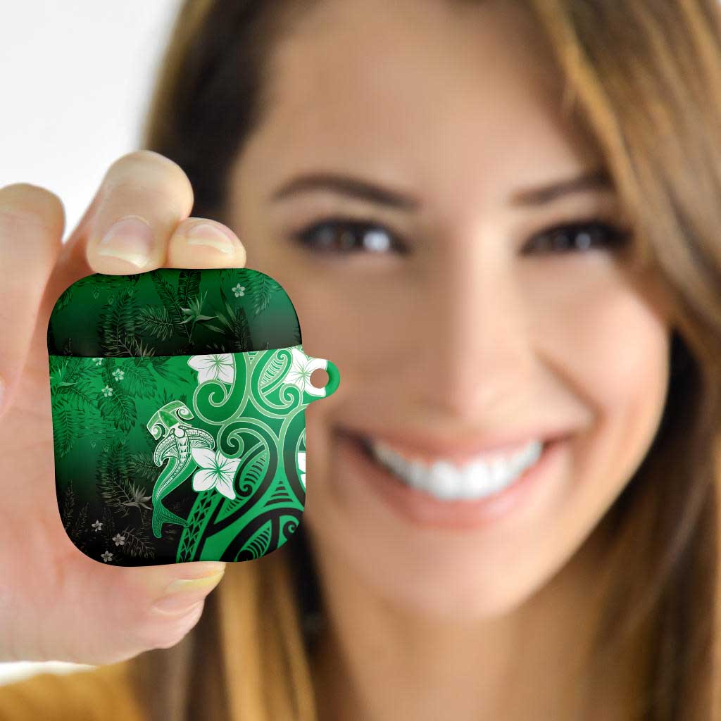 Polynesia Hammerhead Shark AirPods Case Green Tribal Pattern With Plumeria - Polynesian Pride