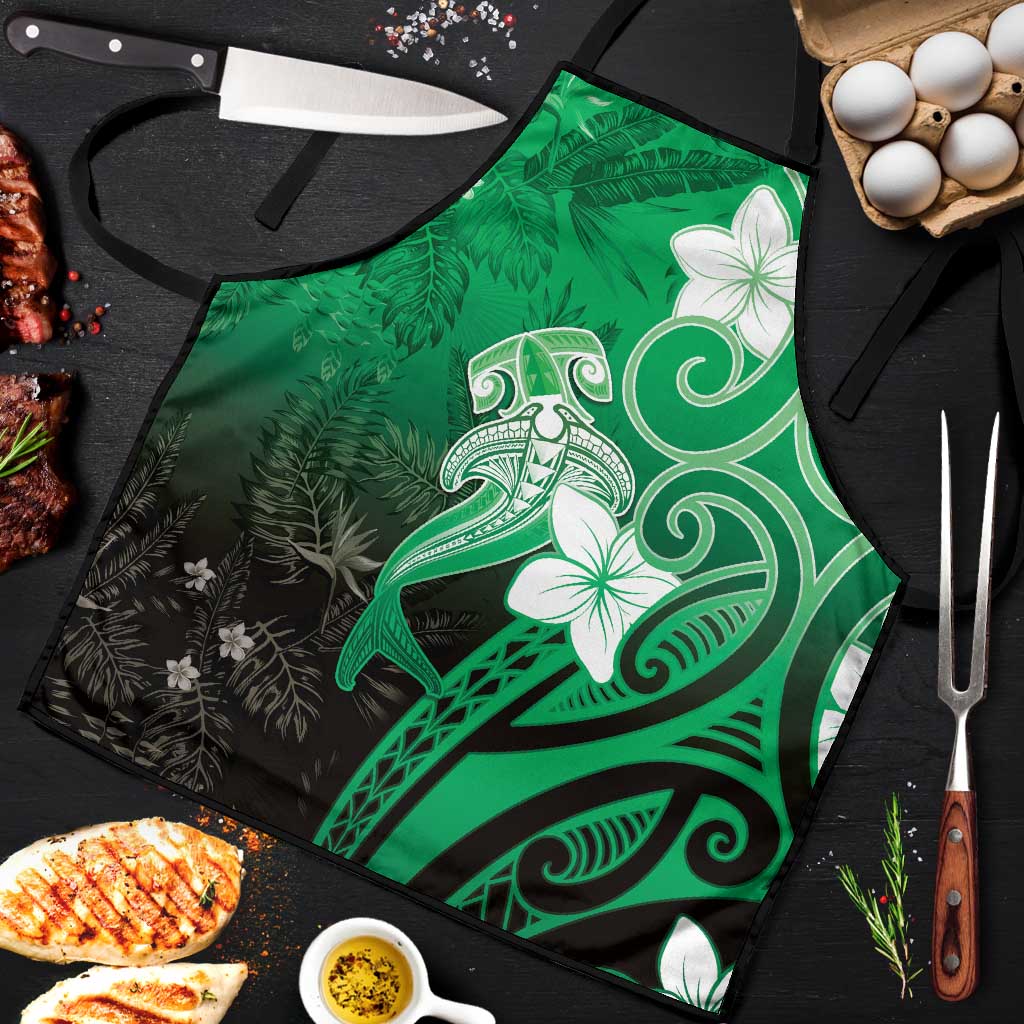 Polynesia Hammerhead Shark Apron Green Tribal Pattern With Plumeria - Polynesian Pride
