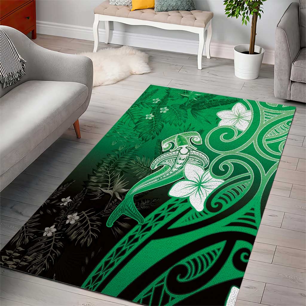 Polynesia Hammerhead Shark Area Rug Green Tribal Pattern With Plumeria - Polynesian Pride