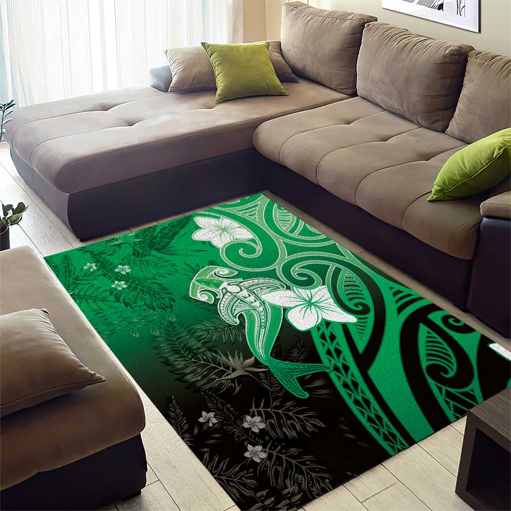 Polynesia Hammerhead Shark Area Rug Green Tribal Pattern With Plumeria - Polynesian Pride