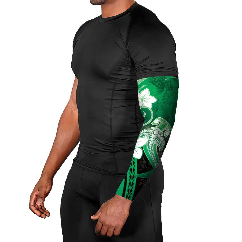 Polynesia Hammerhead Shark Arm Sleeves Green Tribal Pattern With Plumeria LT05 - Polynesian Pride