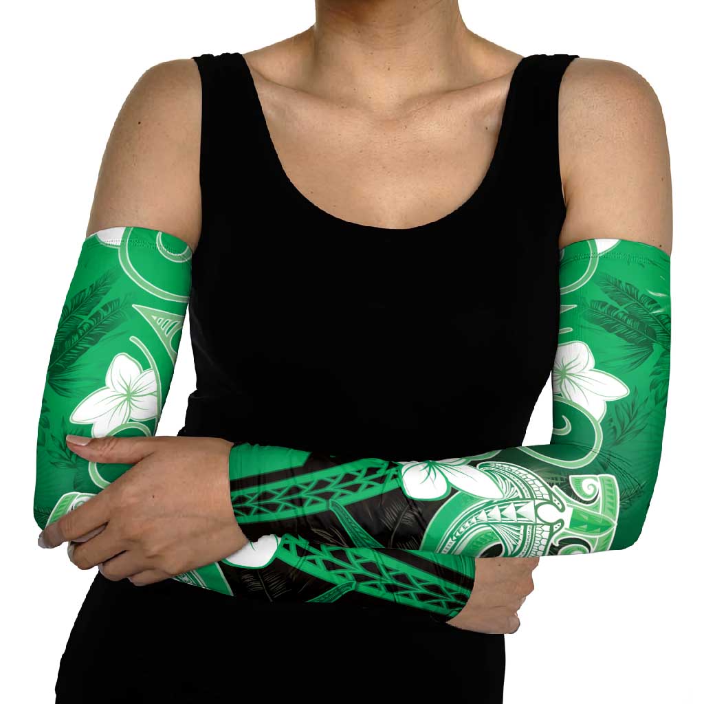 Polynesia Hammerhead Shark Arm Sleeves Green Tribal Pattern With Plumeria LT05 - Polynesian Pride
