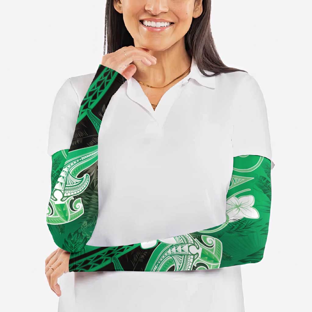 Polynesia Hammerhead Shark Arm Sleeves Green Tribal Pattern With Plumeria LT05 - Polynesian Pride