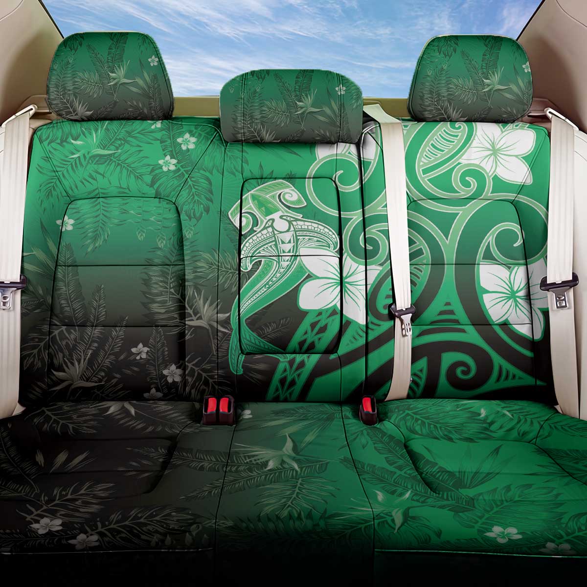 Polynesia Hammerhead Shark Back Car Seat Cover Green Tribal Pattern With Plumeria LT05 One Size Green - Polynesian Pride