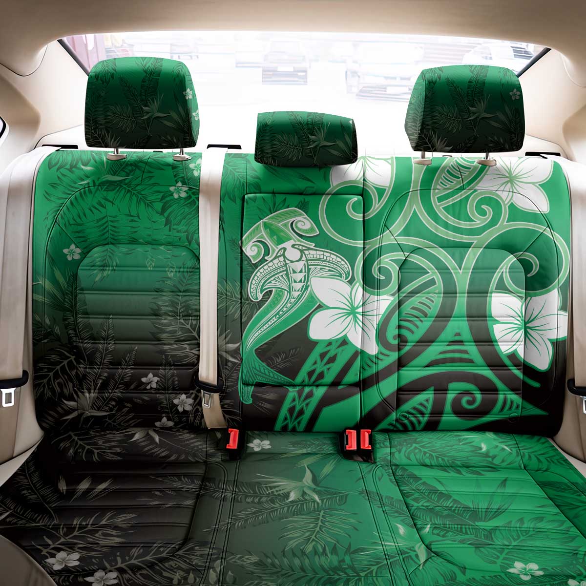 Polynesia Hammerhead Shark Back Car Seat Cover Green Tribal Pattern With Plumeria LT05 - Polynesian Pride