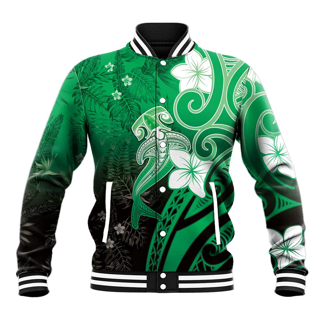 Polynesia Hammerhead Shark Baseball Jacket Green Tribal Pattern With Plumeria LT05 Unisex Green - Polynesian Pride