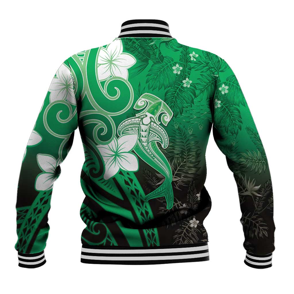 Polynesia Hammerhead Shark Baseball Jacket Green Tribal Pattern With Plumeria LT05 - Polynesian Pride