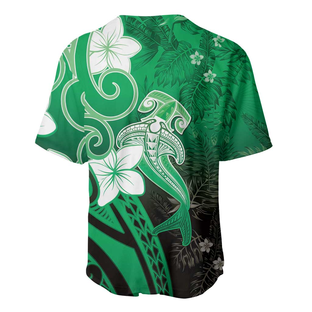 Polynesia Hammerhead Shark Baseball Jersey Green Tribal Pattern With Plumeria LT05 - Polynesian Pride
